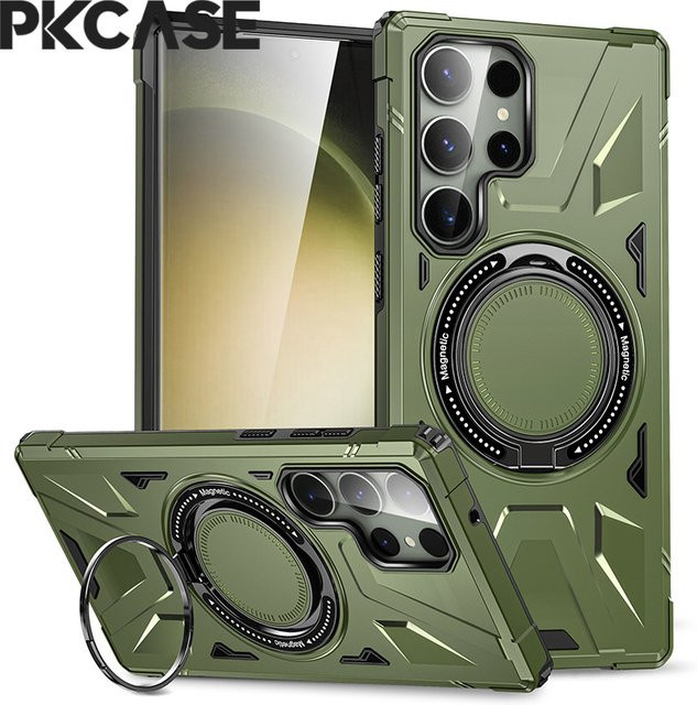 PKCASE stoßfeste Ring-Stand-Hülle mit magnetischer kabelloser Lade-Halterung für Samsung Galaxy S25, S24 Ultra und S23 FE Plus in Schwarz und Grün - Bild 1