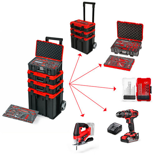Einhell Werkstatt-Trolley mit 80-teiligem Werkzeugset und 2x 18V Power X-Change Geräten in Rot/Schwarz - Bild 2