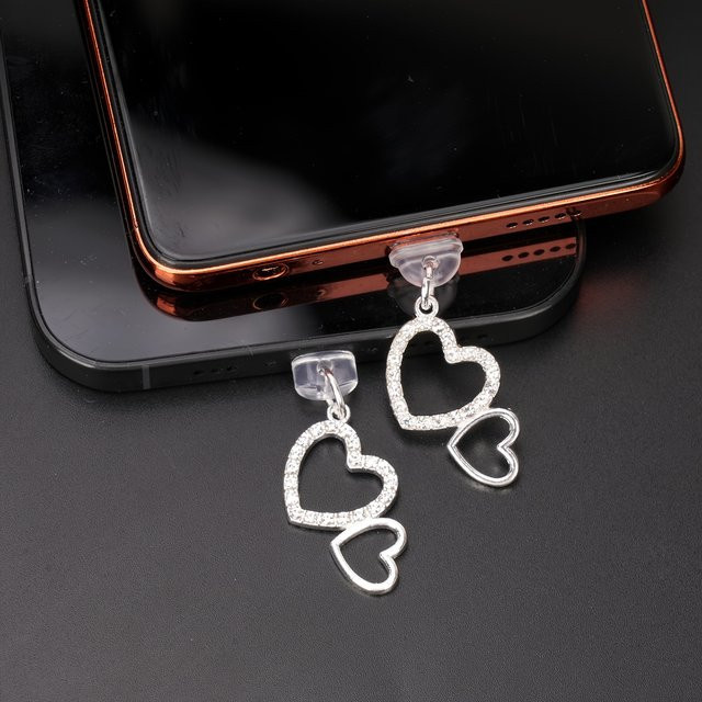 Doppelherz-Staubstopfen aus Legierung mit weißem Kristall für iPhone und USB-C, Farbe: Silber/Weiß - Bild 1