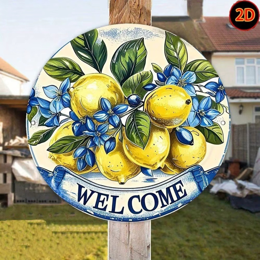 CIFBUY Vintage Aluminium-Willkommensschild mit Zitronen- und Blumenmotiv, Rundes Metall-Wandschild für Garten und Terrasse, Mehrfarbig - Bild 5