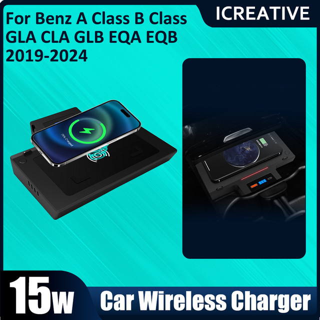 Icreative Qi 15W Schnellladepad für iPhone, kabelloses Induktionsladegerät für Mercedes Benz A-Klasse, B-Klasse, GLB, CLA, GLA, EQA, EQB (2015-2018), Schwarz - Bild 1