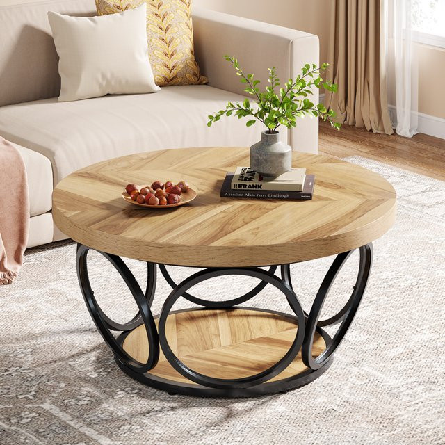 Tribesigns runder Couchtisch aus Holz in Braun mit 2-stufigem Stauraum im Bauernhaus-Stil, Durchmesser: 80 cm - Bild 1