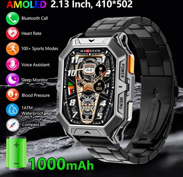 MISIRUN Smartwatch mit 2,13 Zoll AMOLED-Bildschirm, 1000 mAh Akku, Bluetooth Anruffunktion, Kompass und 1ATM Wasserdichtigkeit für Herren in Schwarz oder Silber - Bild 1