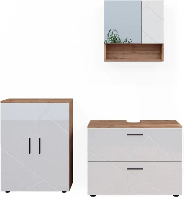 Vicco Badmöbelset Irma in Eiche und Weiß Hochglanz, 3-teiliges Badezimmer-Set mit Unterschrank Breite: 80 cm - Bild 2