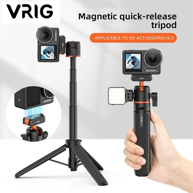 VRIG Magnetisches Stativ für DJI Osmo Action 5 4 3 in Schwarz mit 360-Grad-Kugelkopf und ColdShoe als verstellbarer Selfie-Stick-Ständer - Bild 1