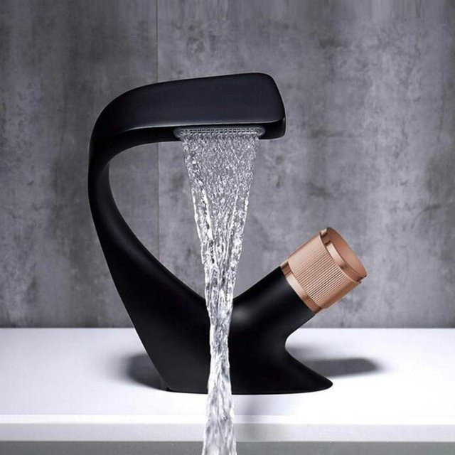 Weihexin Wasserfall-Waschbecken-Wasserhahn mit Einhebelmischer aus Messing in Schwarz und Rose Gold für die Aufsatzmontage - Bild 1