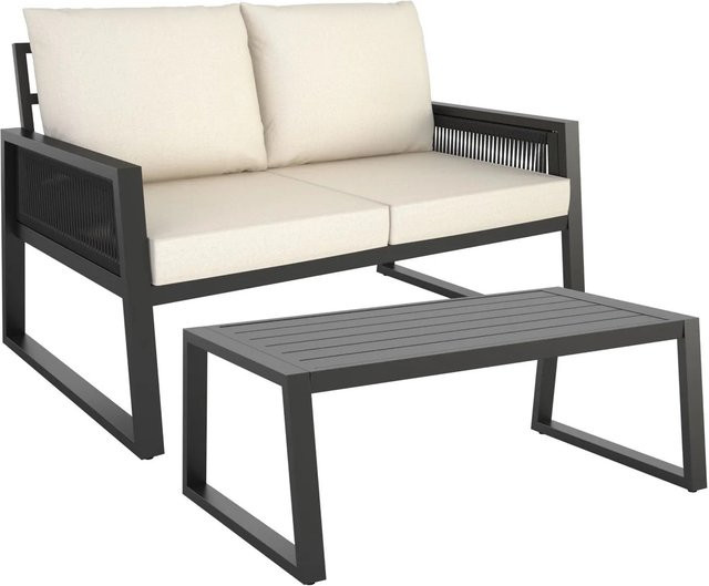 tectake Garten-Lounge Set Captive aus Aluminium im Rope-Design mit 2-Sitzer, Couchtisch und Polstern, Anthrazit, B/T/H: 126 x 76,5 x 85 cm - Bild 2
