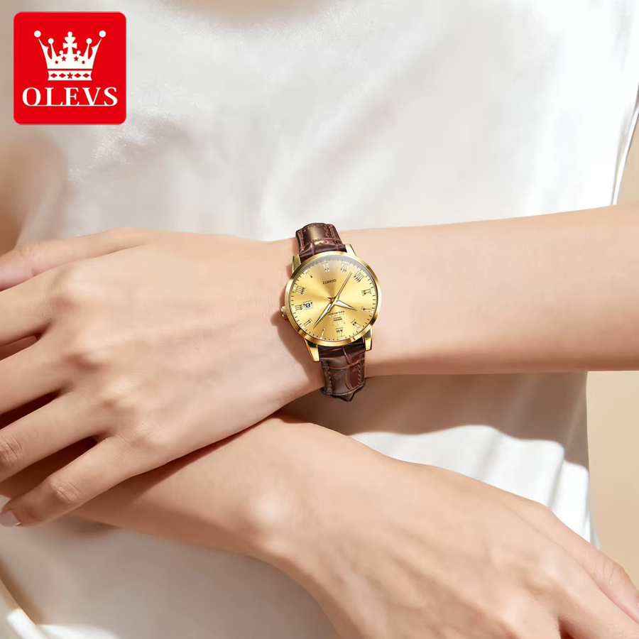 OLEVS Damenuhr, Quarz, Lederarmband, Gold, Datum - Bild 3