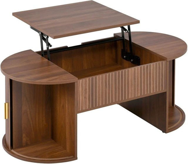 PXloue Höhenverstellbarer Couchtisch in Eiche Braun mit offenen Regalen und verstecktem Stauraum, B/T/H: 100 x 60 x 40,5 cm - Bild 1