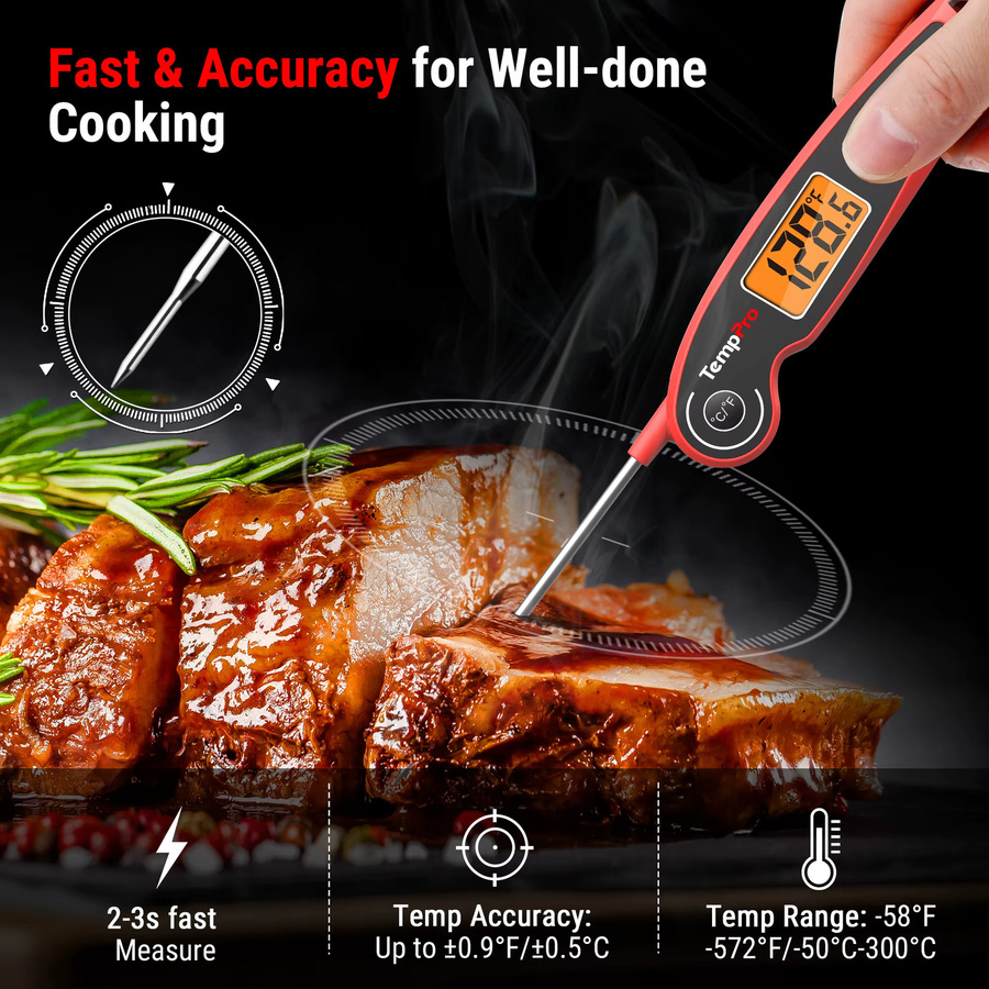 ThermoPro F05 Digitales Fleischthermometer mit Haltefunktion und Magnet, IP6 wasserdichtes Lebensmittelthermometer in Rot - Bild 3