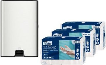 Tork Xpress Compressed Falthandtücher 100888 Sparset mit 6120 Tüchern in Weiß und Tork Xpress Multifold-Handtuchspender 460004 aus Edelstahl in Silber - Bild 1