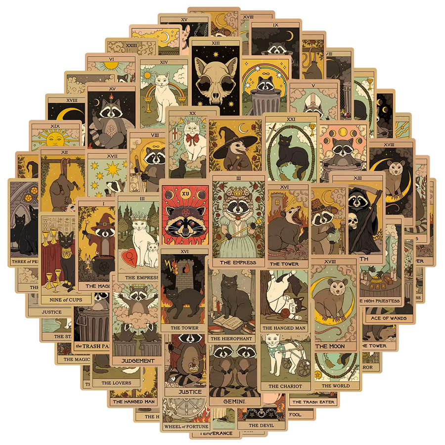 Charile Retro Katze Waschbär Tarot Karte Aufkleber, Bunt / Mehrfarbig - Bild 2