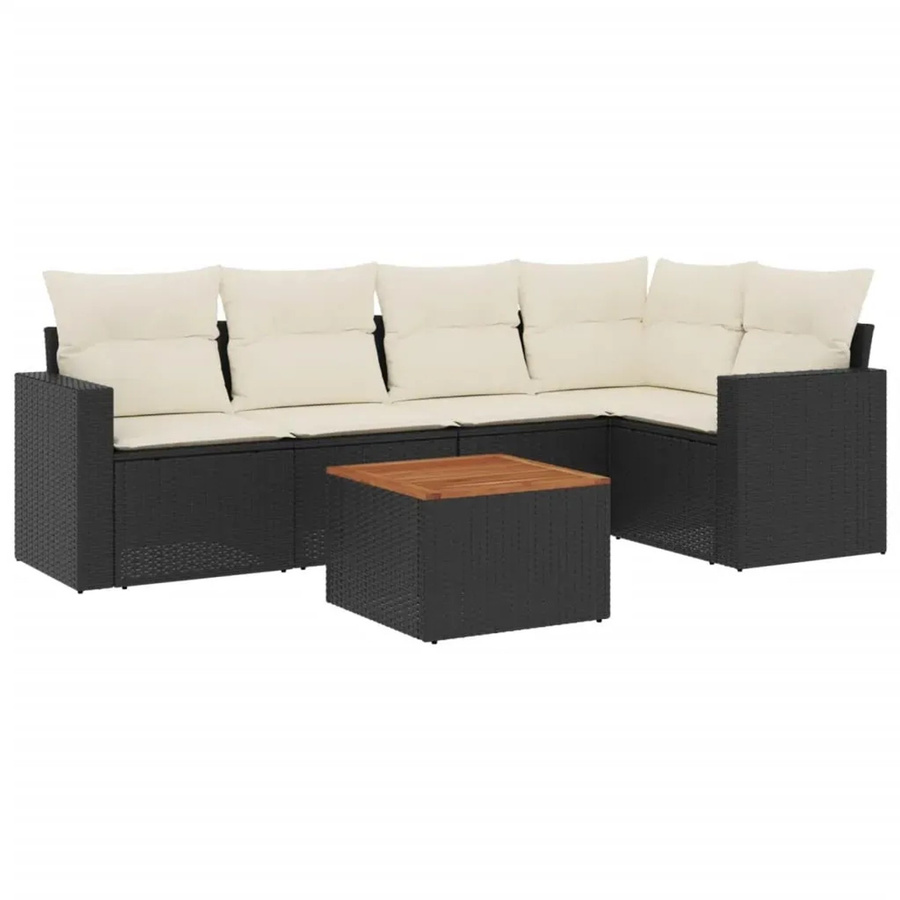 vidaXL 6-teilige Garten-Sofagarnitur in L-Form aus Poly-Rattan und Akazienholz mit Kissen in Schwarz-Creme - Bild 2