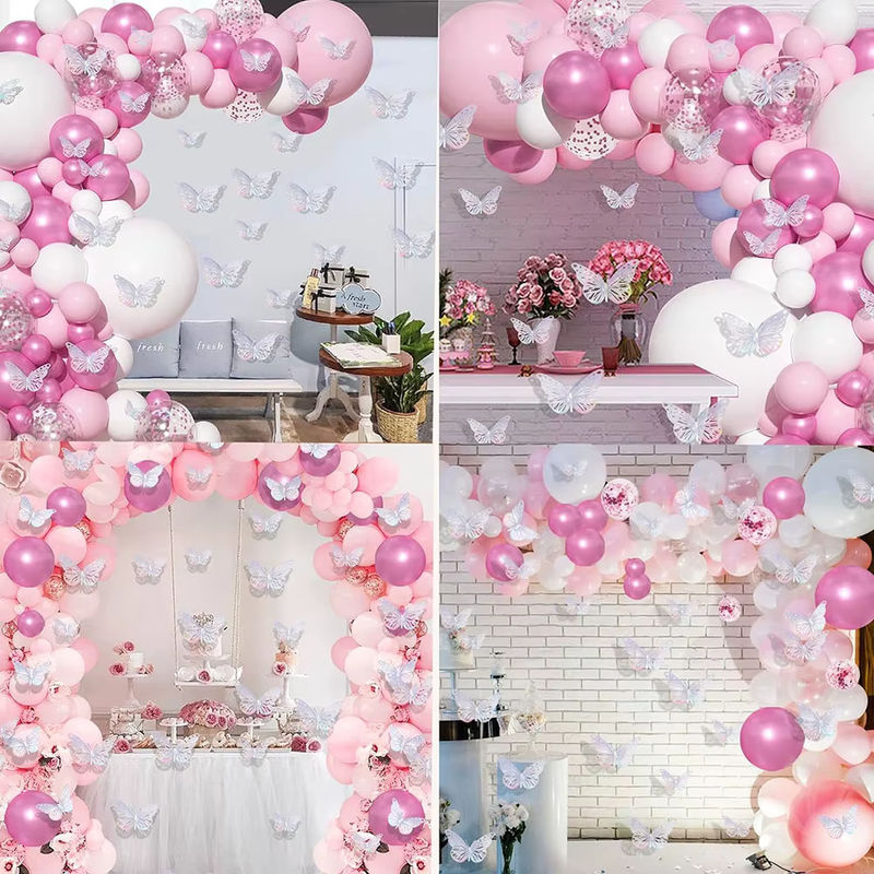 Rosa Ballonbogen-Set mit weißen Konfetti-Ballons aus Metall und 12 Schmetterlingsaufklebern zur Dekoration für Hochzeiten - Bild 3