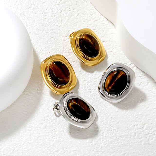 LUXUSTEEL Ohrstecker Edelstahl, Tigerauge, Gold, Damen - Bild 1