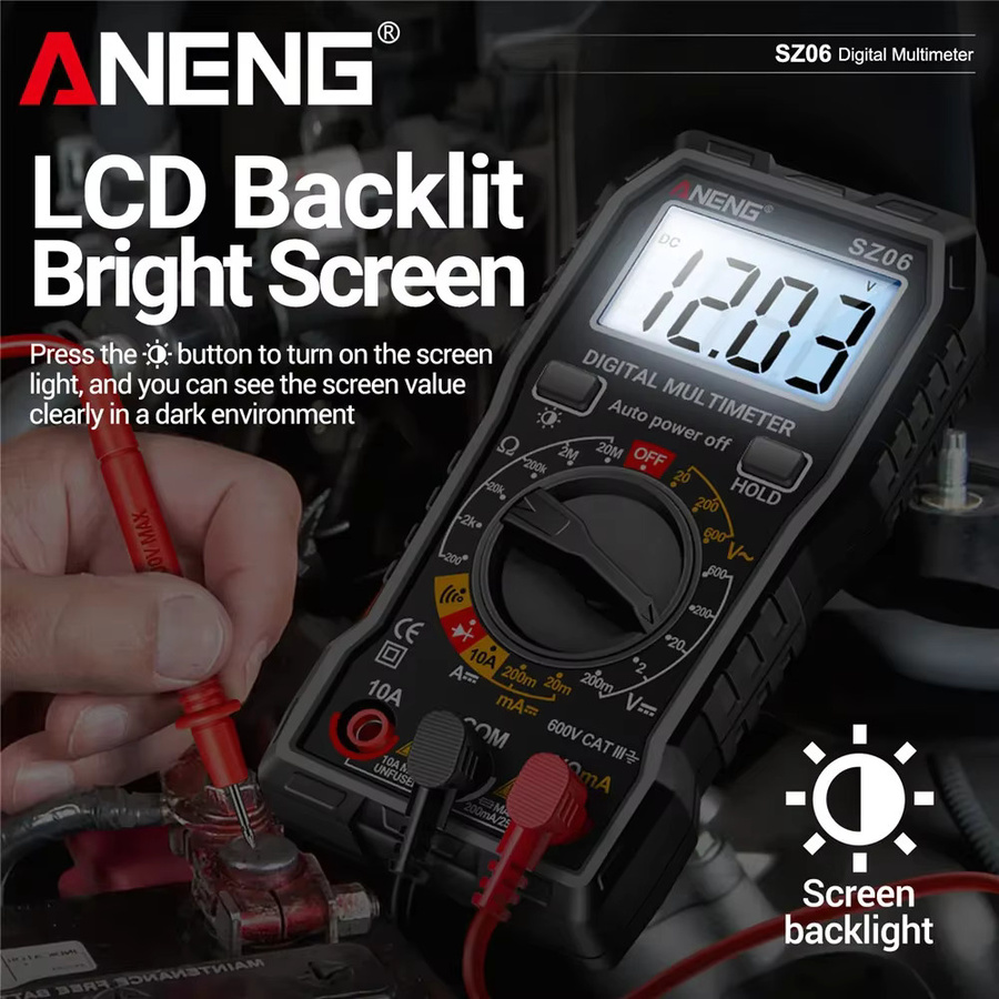 ANENG SZ06 Digitales Multimeter mit 2000 Messungen für 600V AC/DC Spannung, 10A DC Strommessung, Widerstand und Diodentest in Rot und Schwarz - Bild 3