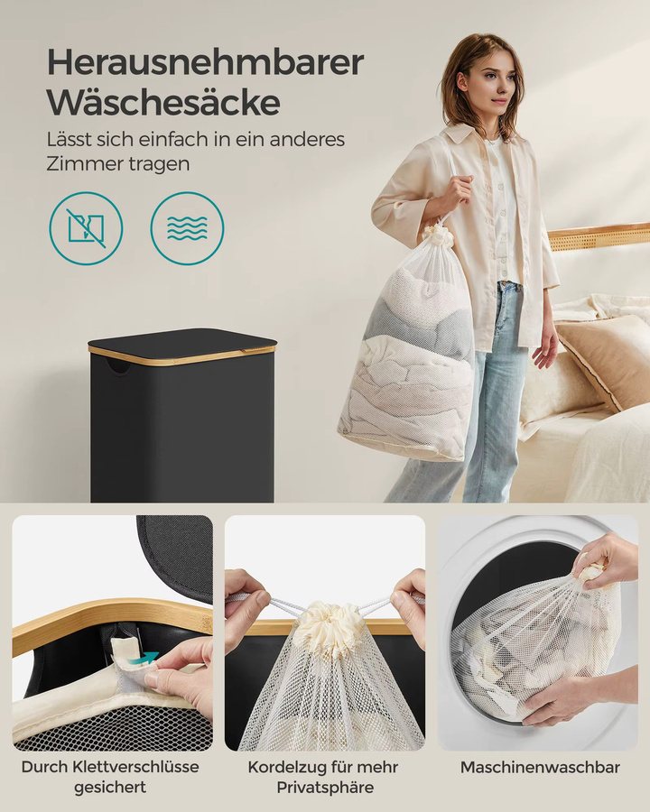 Songmics Wäschekorb mit Deckel und herausnehmbarem Wäschesack, 90 l, Grau, Oxford-Gewebe mit Bambus-Griffen - Bild 2