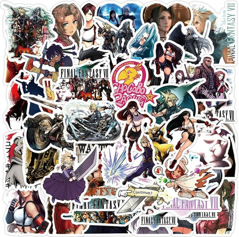Final Fantasy Aufkleber Set von Bandai mit Charakteren wie Cloud Strife, Aerith und Tifa, mehrfarbig und in unregelmäßigen Formen für Laptop, Skateboard oder Wand - Bild 1