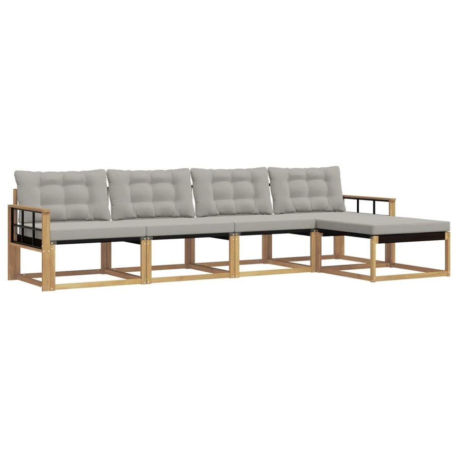vidaXL Outdoor-Sofagarnitur L-Form aus Akazienholz mit Polstern und Ottoman in Weiß und Grau - Bild 2