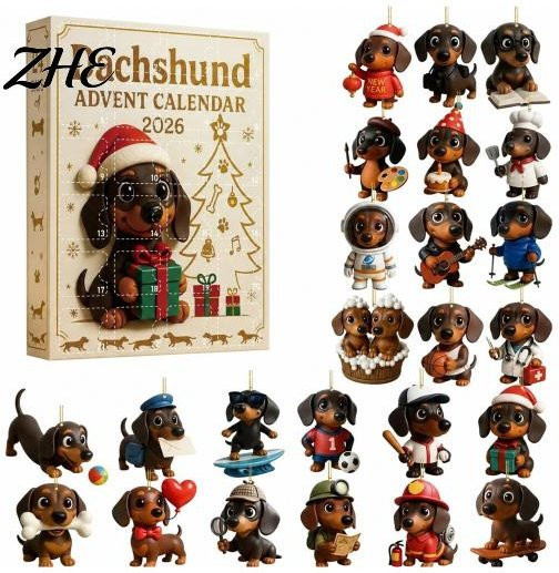 Dackel Adventskalender 2026 von zhenmiaoxiang mit 24 farbenfrohen Acrylfiguren für deine Weihnachtsdekoration - Bild 1