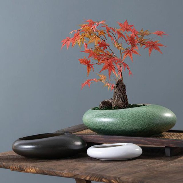 HEYYES Keramik-Bonsai-Vase in Grün, ovale Hydrokultur-Vase für Sukkulenten und Farne, Tischdeko - Bild 1