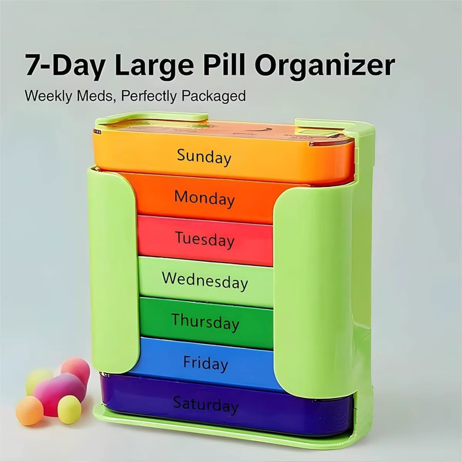 Untior 7-Tage-Medikamenten-Organizer in Grün und Multicolour mit großen Fächern für 4-mal tägliche Einnahmen, tragbare Pillendose für Vitamine und Tabletten, B/T/H: 12,0 x 11,5 cm - Bild 2