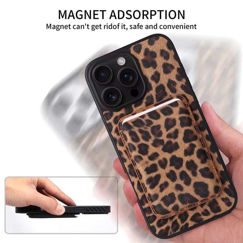VYOPBC MagSafe Handyhülle aus Carbonfaser-Saffiano-Leder mit Leopardenmuster für iPhone 17 16 15 14 13 Pro Max Plus und 17Air inklusive Magnetkartenhalter, Mehrfarbig - Bild 2