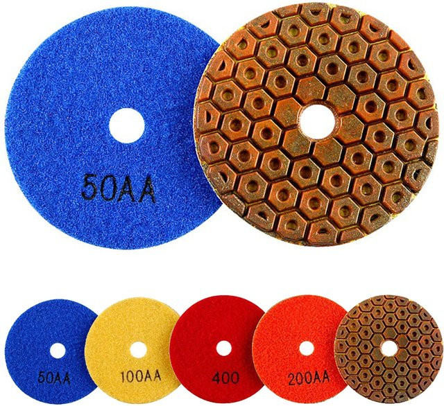 DAZZLEEX Kupfer Polierpads 4 Zoll für Granit, Marmor und Beton, Nassschleifscheiben in Messing-Optik - Bild 1