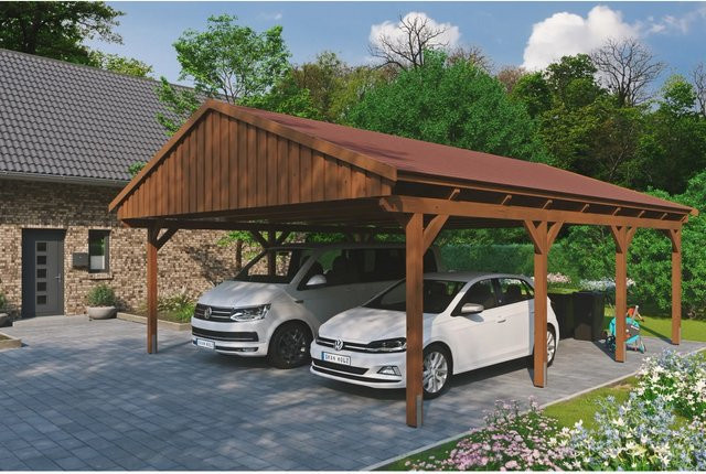 Skan Holz Carport Fichtelberg aus Fichte und Leimholz in Nussbaum Braun mit spitzer Dachform und Dachschindeln, B/T: 618 x 808 cm, Höhe: 362 cm - Bild 1
