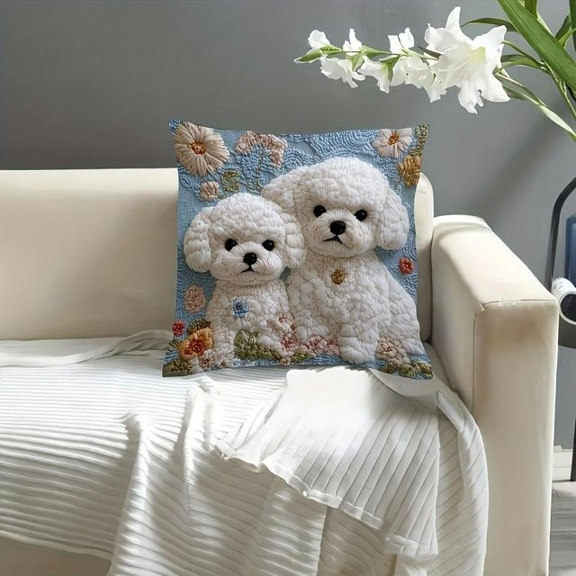 JMG Clothing Kissenbezug mit Bichon Frisé und Blumenmuster in Grau und Weiß, B/H: 45 x 45 cm - Bild 1