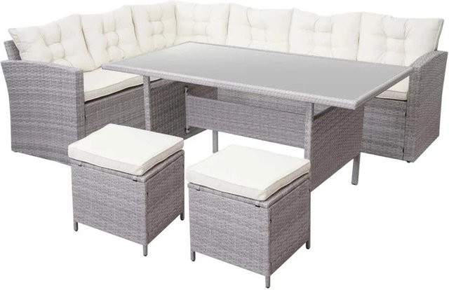 MCW Poly-Rattan Gartengarnitur A29 Lounge-Esstisch-Set in Hellgrau mit cremefarbenen Kissen und 2 Hockern - Bild 2