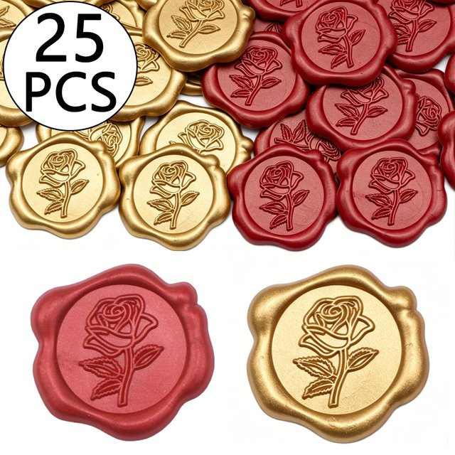 QWELL 25er Set Selbstklebende Wachssiegel-Aufkleber mit 3D Rosenblütenform in Gold und Rot - Bild 1
