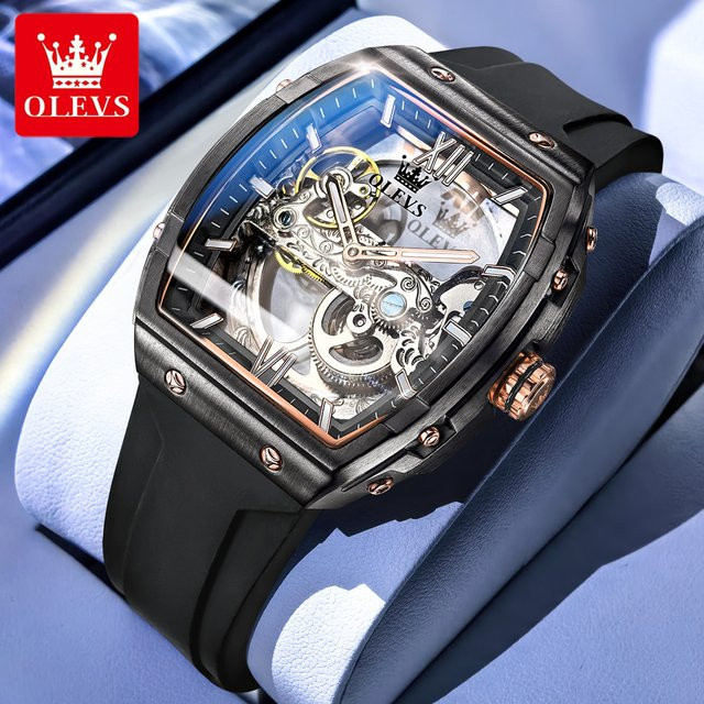 OLEVS Armbanduhr, Automatik, Edelstahl, Silikon, Schwarz, Herren - Bild 1