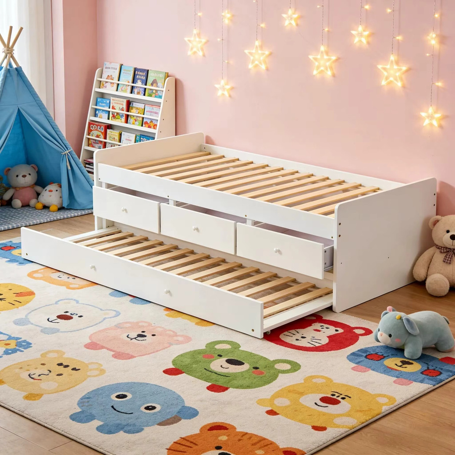 Weisses Kinderbett als Tagesbett aus Kiefernholz und MDF mit Ausziehbett und Schubladen, B/H: 90 x 190 cm - Bild 2