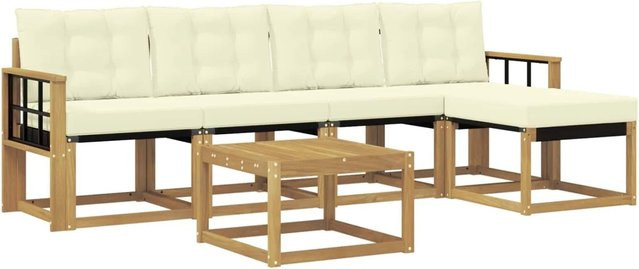 vidaXL Outdoor-Sofagarnitur 6-teilig aus Akazienholz mit Kissen in Weiß und Beige - Bild 1