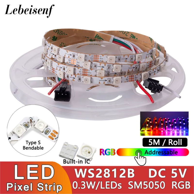 Lebeisenf WS2812B RGBIC LED Streifen S-Typ, 5m, Breite: 6 mm, 60 LEDs/m, SMD 5050, individuell adressierbar, Multicolor - Bild 2