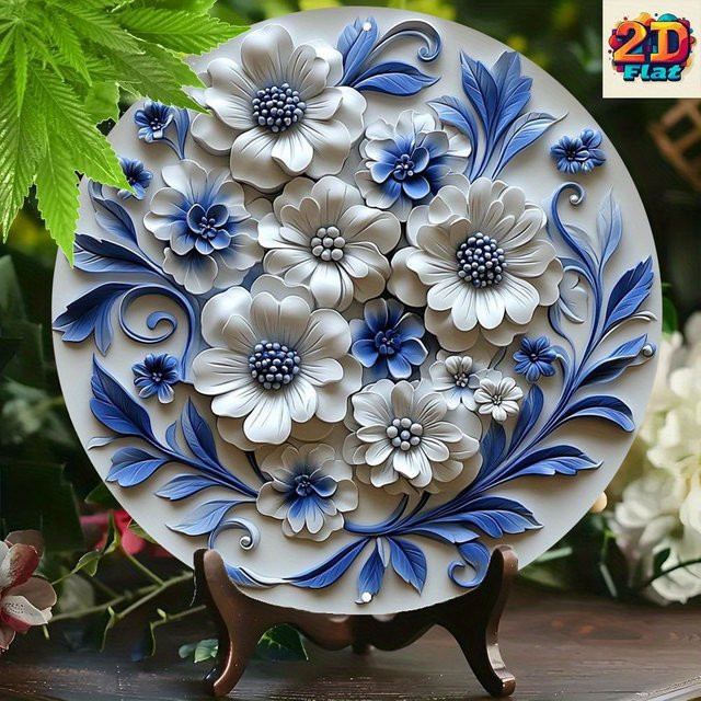 Moderne Metall-Wandkunst von CIFBUY mit blau-weißer Blumen-Dekoration in runder Form - Bild 1
