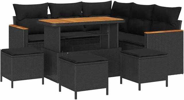 vidaXL 9-teiliges Garten-Sofa-Set in Schwarz aus Polyrattan und Akazie mit Kissen und Ottomane - Bild 1