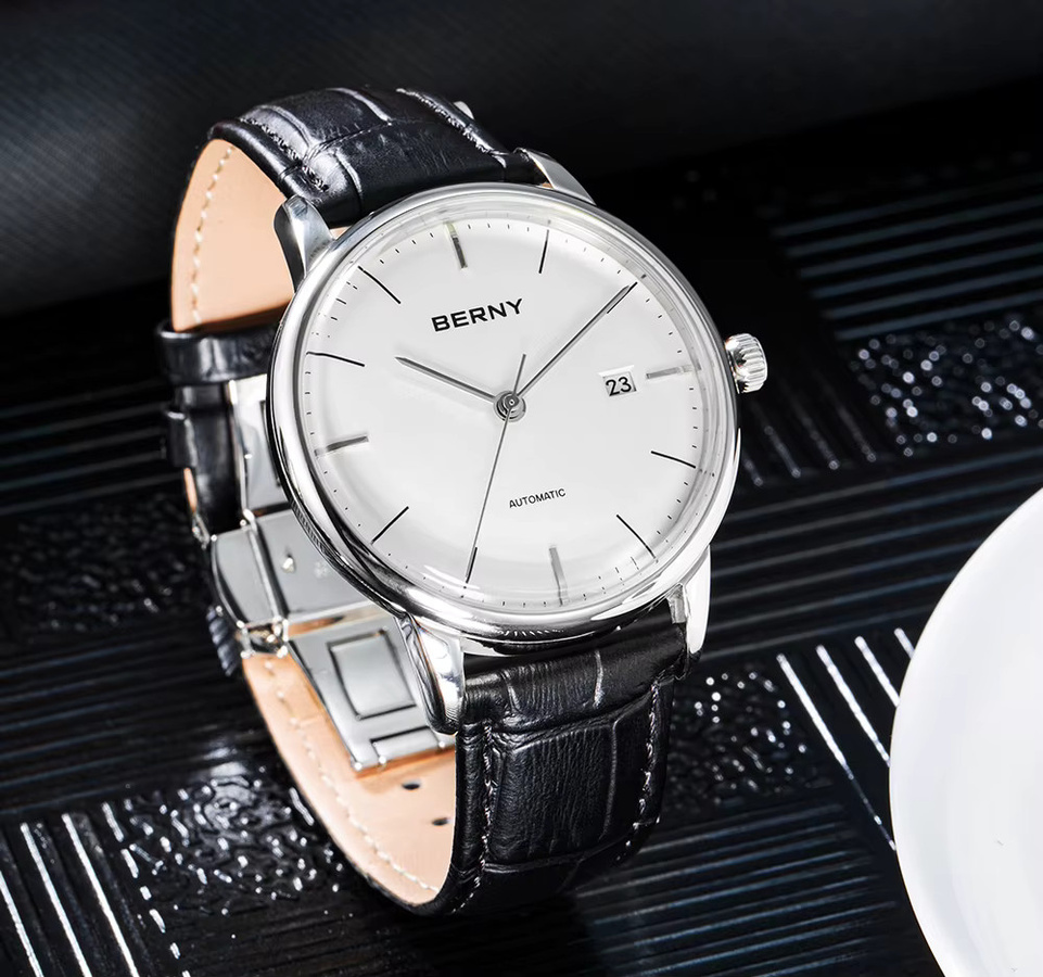 BERNY Armbanduhr Automatik, Edelstahl, Leder, Weiß, Herren - Bild 3