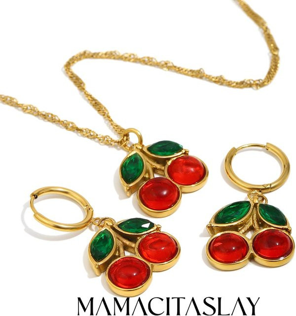 MamacitaSlay Schmuckset, Kirsche Anhänger, Halskette, Ohrringe, Edelstahl, Gold, Damen - Bild 1