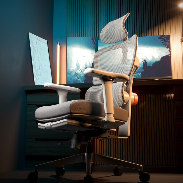 Ergonomischer Bürostuhl NEWTRAL NT002 in Grau mit adaptiver Lendenwirbelstütze, Fußstütze und 4-fach verstellbarer Rückenlehne, Armlehnen sowie Kopfstütze - Bild 1