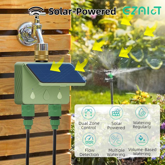 EZAIOT WLAN Smart Solar Bewässerungstimer mit 2 Steckdosen und Durchflussmesser in Grün für die intelligente Gartenbewässerung via Tuya App - Bild 1