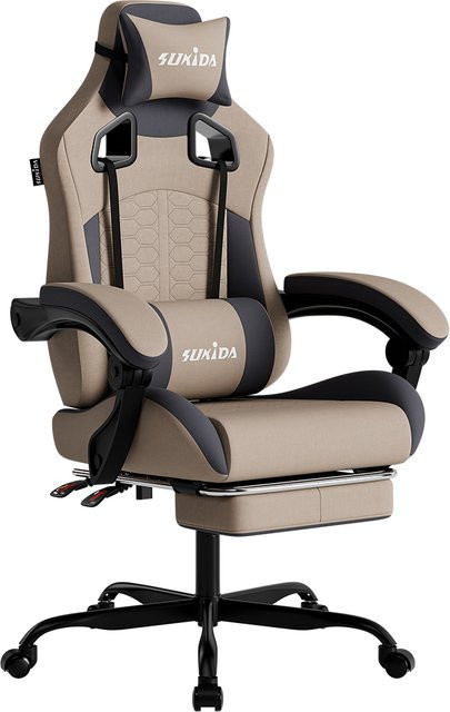 SUKIDA Ergonomischer Gaming-Stuhl mit Kopfstütze und Armlehnen, drehbar und verstellbar, Schwarz-Weiß-Beige Matt - Bild 1