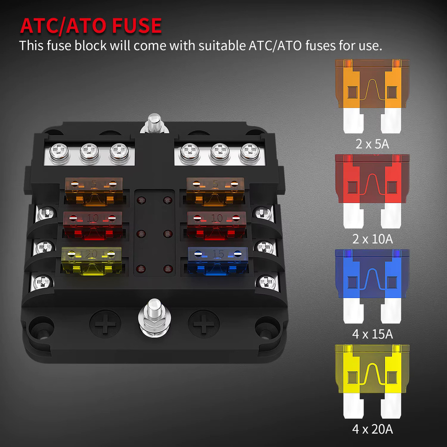 Daiertek 6-Wege Sicherungsblock mit LED-Anzeigeleuchte für 12V und 24V, Wasserdichtes Sicherungskasten-Panel für ATO/ATC Marine-Sicherungen in Schwarz - Bild 2