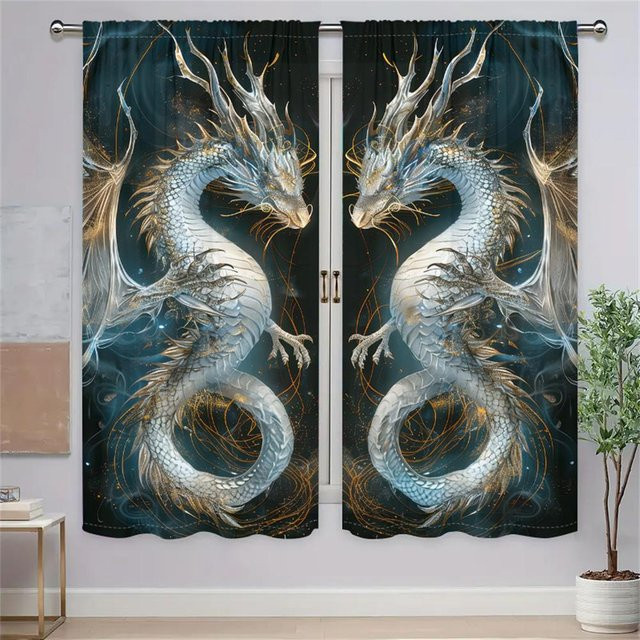 2er-Set Traum Drachen Vorhänge mit orientalischem Mythologie-Muster in Grau, halbtransparent für Wohnzimmer und Schlafzimmer, Breite: 75 cm, Höhe: 165 cm - Bild 1