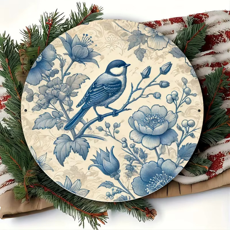 Rundes Metallschild von Potdemiel im Vintage-Stil mit blauem Blumenvogel-Design zur Wanddekoration - Bild 4