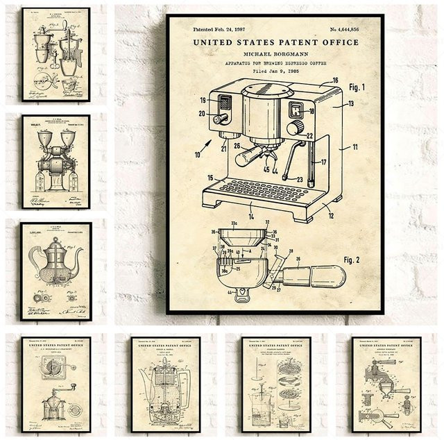 Retro Wandkunst Potdemiel Espresso Kaffeemaschine Patent Poster als Leinwandmalerei für Café und Küche - Bild 1