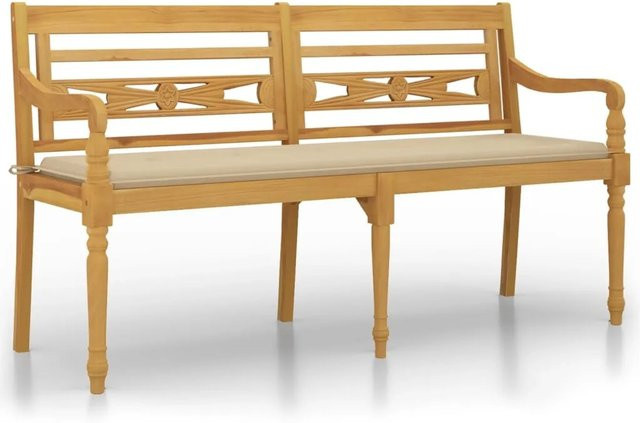 vidaXL Batavia Gartenbank aus Teakholz mit beigen Kissen, Braun, Breite: 150 cm, Höhe: 84 cm, Tiefe: 51,5 cm - Bild 1