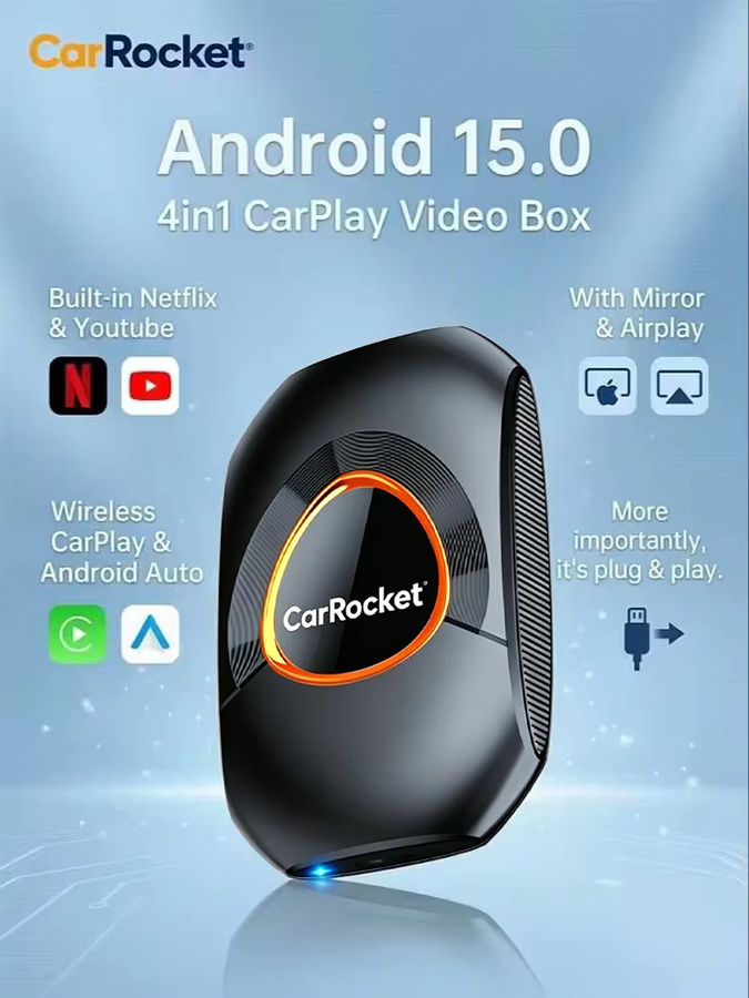 CarRocket Wireless CarPlay AI Box Android 15 mit Netflix und YouTube, Multimedia-Videobox für Autos mit kabelgebundenem CarPlay, Schwarz - Bild 6