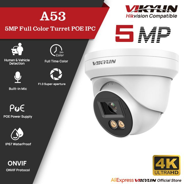 VIKYLIN 5MP IP-Sicherheitskamera mit vollfarbiger Nachtsicht, Audio, PoE, Menschen- und Fahrzeugerkennung, ONVIF und SD-Speicher, IP67 Outdoor Metall, Weiß - Bild 1